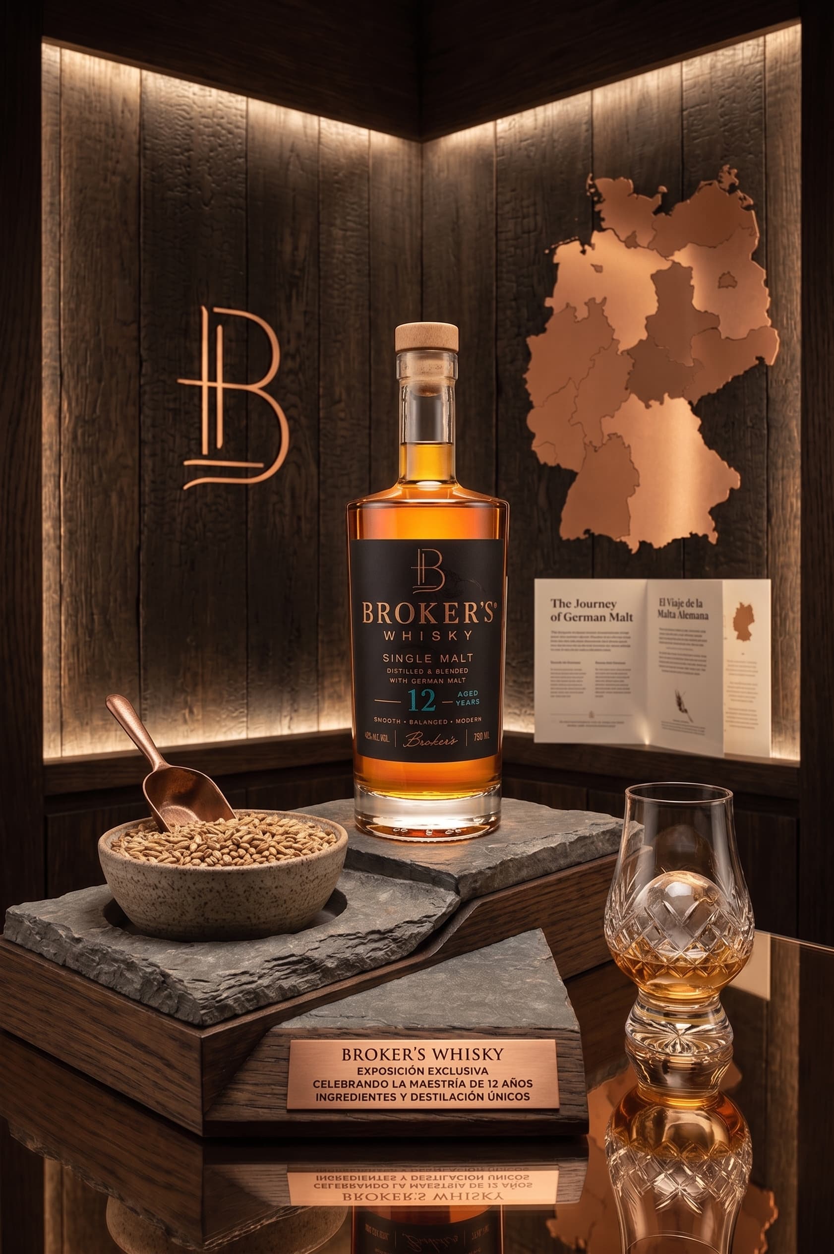 Broker's Whisky 12 Aged Years, whisky Brokers en exposición exclusiva: botella German Single Malt con malta de cebada, copa Glencairn y mapa de Alemania