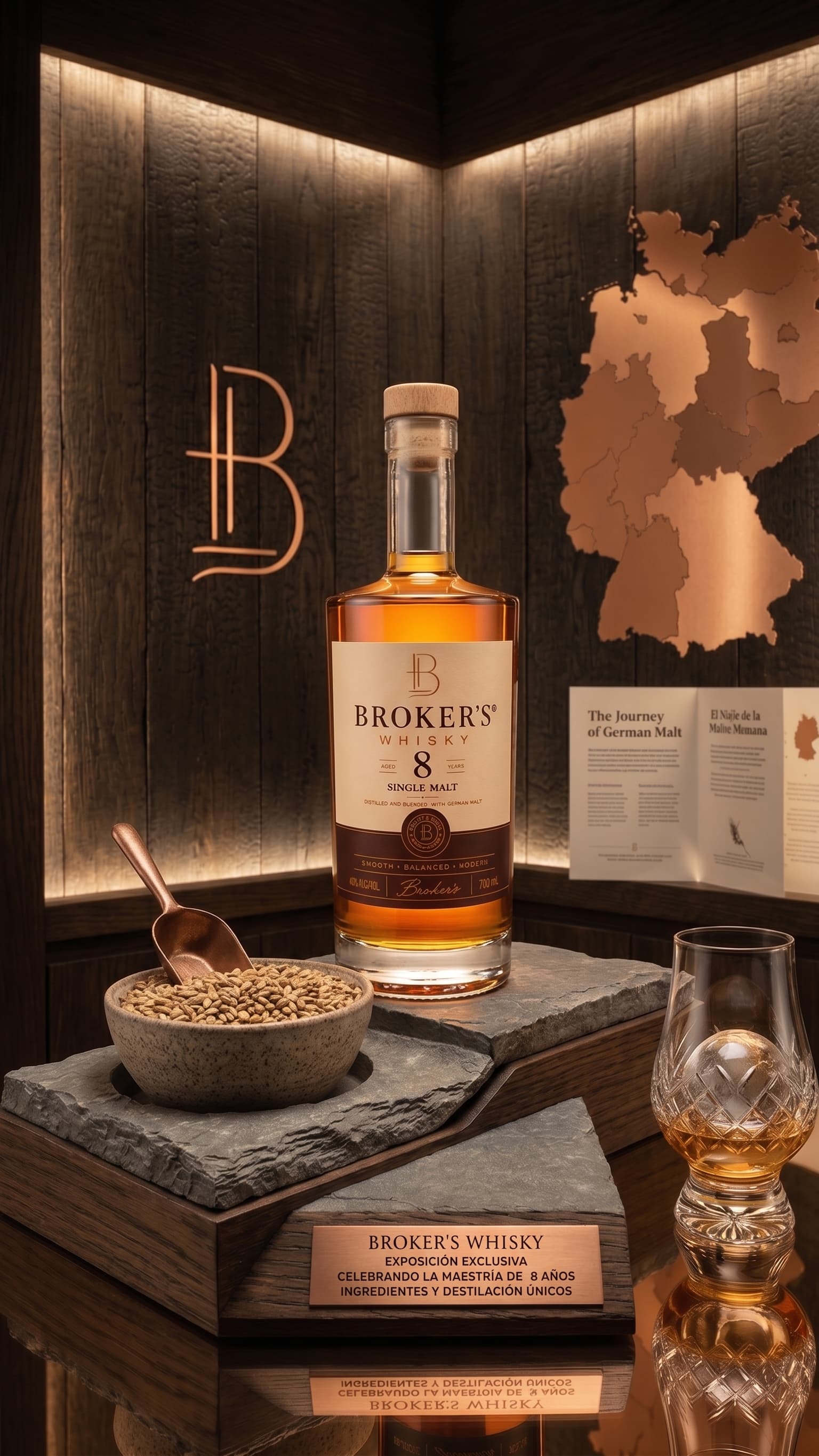 Broker's Whisky 8 Aged Years, whisky Brokers en exposición exclusiva: botella German Single Malt con malta de cebada alemana y destilación única